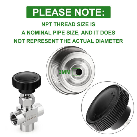 Front view of a 304 stainless steel 3-way tee needle valve with black knurled knob and 1/8 in NPT female ports