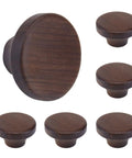 Six Piece Round Wooden Drawer Knobs With One Hole 1.56 Inch Cabinet Handles For Dresser Kitchen Cabinets And DIY Furniture Projects Smooth Sanded Solid Wood Pulls, walnut finish