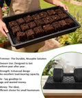 Person holding 10 Pack 1020 Mesh Trays With Holes Heavy Duty Mesh Bottom Flats 20 by 10 inches filled with soil blocks for seed starting