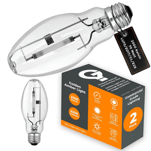 70-Watt High-Pressure Sodium HID Light Bulb With E26 Base, ANSI Code S62, 2000K warm white, clear finish, packaging