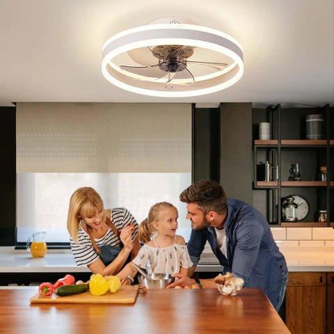 Modern Enclosed Ceiling Fan With Light White Finish 19.7 Inch Flush Mount Low Profile Fan in a kitchen scene with family