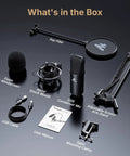 USB Condenser Microphone With Plug And Play 192kHz 24Bit Pro Sound Chipset Cardioid Pattern setup with pop filter and stand