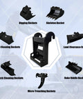 No Fuss Quick Connect Excavator Bucket Coupler Bracket for easy mounting on Bobcat E series mini excavators shown with various attachments.