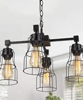 Black 4 Light Farmhouse Chandelier For Kitchen Island And Dining Room, Dope Industrial Metal Cage Shade Pendant Lighting For Foyer And Entryway, 20 Inch Hanging Ceiling Light Fixture