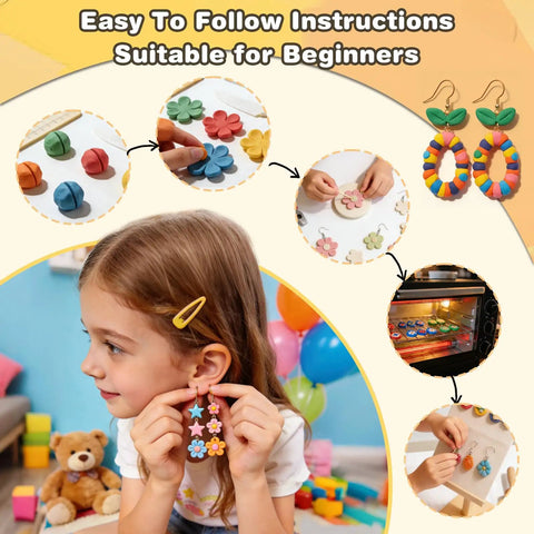 Child creating earrings and flowers with the 60 Color Polymer Clay Starter Kit For Kids And Adults DIY Modeling Clay Oven Bake Art And Crafts Set.