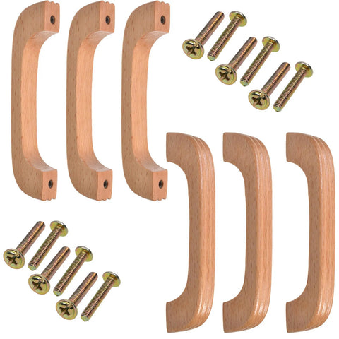 Six Piece Wood Cabinet Drawer Pulls With Screws Set Natural Varnished Wood Grain Finish 4.6 Inch Overall Length
