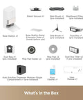 Contents of Powerhouse Gen 2 All In One Robot Vacuum And Mop With 26000Pa Suction For Pet Hair And Deep Clean Hot Water Mop Washing At 212F One Hour Hot Air Drying Extendable Mop All In One Dock box, including base station, brushes, filters, and accessories.