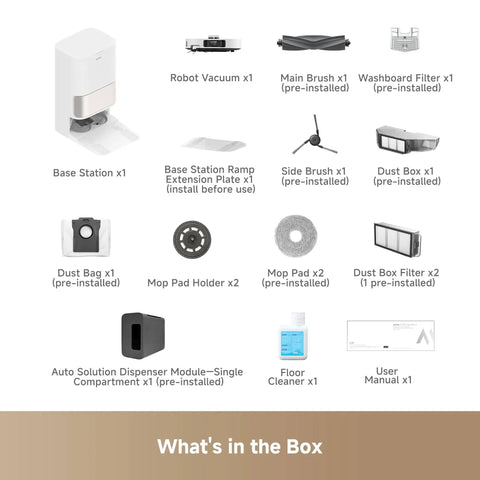 Contents of Powerhouse Gen 2 All In One Robot Vacuum And Mop With 26000Pa Suction For Pet Hair And Deep Clean Hot Water Mop Washing At 212F One Hour Hot Air Drying Extendable Mop All In One Dock box, including base station, brushes, filters, and accessories.