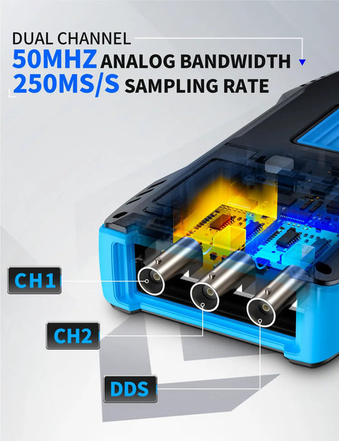 Upgraded Handheld Oscilloscope With Multimeter And DDS Generator, 50 MHz Bandwidth, 250 MSa Sampling, connectivity ports shown