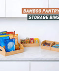 Three Tier Stackable Bamboo Veggie And Fruit Storage Bins, Ventilated Pantry Organizer with snacks and jars displayed on countertop
