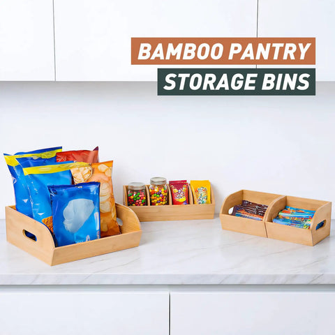 Three Tier Stackable Bamboo Veggie And Fruit Storage Bins, Ventilated Pantry Organizer with snacks and jars displayed on countertop