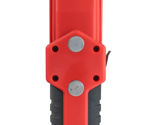 Close-up of magnetic back of red and black Beefy 500 Lumen Rechargeable Work Light With Stepless Dimming And Dimmable Brightness