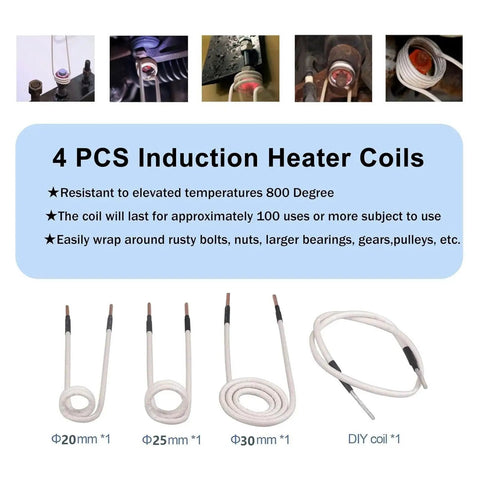 4 PCS induction heater coils for Portable 1500W Electromagnetic Induction Heater. Sizes: 20mm, 25mm, 30mm for easy rust removal.