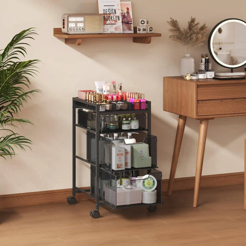 Rolling Makeup Cart Organizer with Three Drawers for Cosmetics and Skincare, Dividers for Easy Sorting, in a bedroom setting