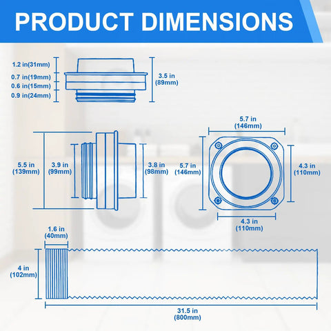 Magnetic Dryer Vent Connector Kit 4-Inch By 31.5-Inch Aluminum Foil Hose With Clamps product dimensions diagram