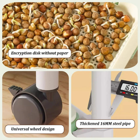 Close-up of sprouts, wheel design, and thickened steel pipe of Vertical Hydroponic Garden Tower With Wheels And Metal Shelf All In One