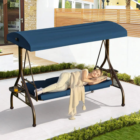 Three-Seat Outdoor Porch Swing With Adjustable Canopy And Stand, 800-Lb Capacity, 3-In-1 Convertible Swing Bed For Patio, Cozy Round Tube Frame, Blue, woman lounging outdoors
