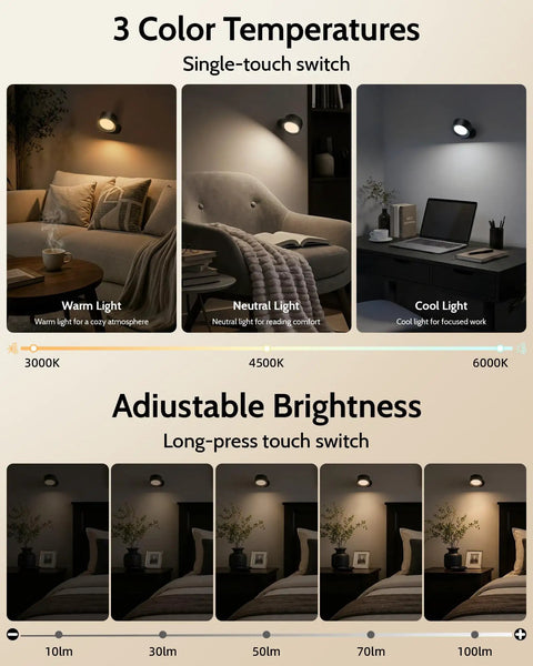 Cordless Rechargeable Wall Sconces With Remote, Magnetic Led Bedside Lamp In Sleek Black showcasing adjustable brightness and color temperatures.