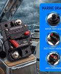 Built Tough 50A Circuit Breaker With Manual Reset Inline Power Switch Hella Rugged Zinc Alloy Fuse Holder Universal Fit For Car Audio Trolling Motor Solar Inverter Auto Stereo Systems Includes Wire Lugs For Straight Swap Setup mounted on a boat with water splashes.