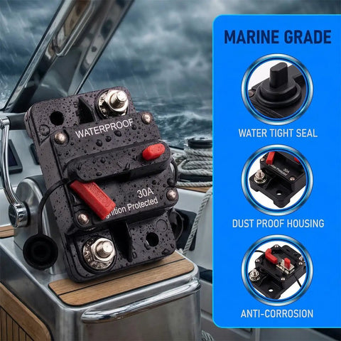 Built Tough 50A Circuit Breaker With Manual Reset Inline Power Switch Hella Rugged Zinc Alloy Fuse Holder Universal Fit For Car Audio Trolling Motor Solar Inverter Auto Stereo Systems Includes Wire Lugs For Straight Swap Setup mounted on a boat with water splashes.