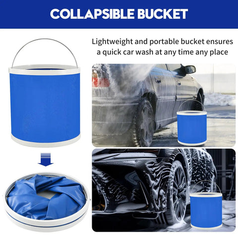Collapsible blue bucket from 45 Piece Car Detailing Kit Beast With Pro Brush Set for Interior Exterior Wheels and Wash and Shine.
