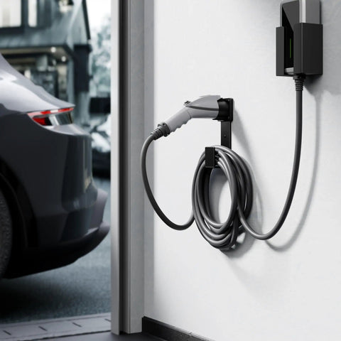 Rugged Boss J1772 EV Charger Holder Wall Mount Keeps Your Charging Handle Dock And Cable Organizer Locked Down With Rust Resistant Stainless Steel Storage Box For Everyday Garage Use, showing cable management and docking station.