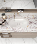 Bathroom counter with white and brown marble peel and stick wallpaper, showcasing the easy peel self adhesive vinyl contact paper waterproof removable covering for countertops kitchen cabinets desks backsplashes and shelves 15.7 inch by 78.7 inch renter friendly decor.