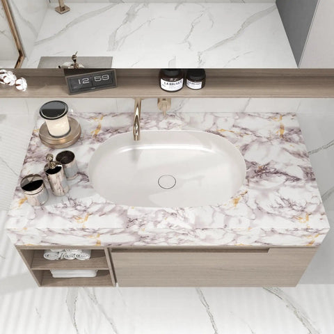 Bathroom counter with white and brown marble peel and stick wallpaper, showcasing the easy peel self adhesive vinyl contact paper waterproof removable covering for countertops kitchen cabinets desks backsplashes and shelves 15.7 inch by 78.7 inch renter friendly decor.