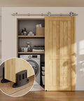 Sliding Barn Door Floor Guide 2 Pack Bottom Double-Sided Small Rollers Guides Aluminum Alloy Floor Mounted for Smooth Quiet Door Sliding, Space-Saving Lightweight Design with Concealed Pulleys for Door Protection installed on wood floor.