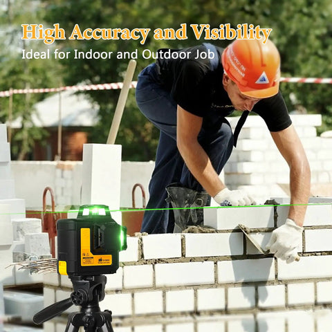 Self Leveling Laser Level Tool With 3x360 Degree Green Beam Lines in use by worker laying bricks outdoors