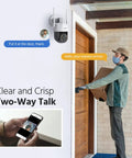 Delivery person using two-way talk feature on Crystal Clear 5MP PTZ Outdoor Security Camera with 20X Optical Zoom at door