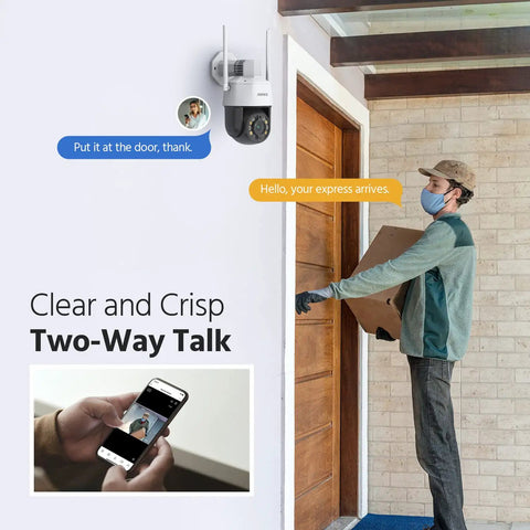 Delivery person using two-way talk feature on Crystal Clear 5MP PTZ Outdoor Security Camera with 20X Optical Zoom at door