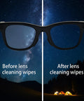 Split image of glasses view before and after using lens wipes from Smart Glasses Accessory Kit With 4 Pairs Non Slip Nose Pads Adjustable Anti Drop Lanyard Temple Tips Leg Socks Cleaning Cloths And Lens Paper For Wayfarer Headliner And Skyler Glasses.