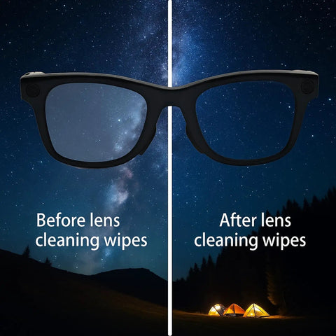 Split image of glasses view before and after using lens wipes from Smart Glasses Accessory Kit With 4 Pairs Non Slip Nose Pads Adjustable Anti Drop Lanyard Temple Tips Leg Socks Cleaning Cloths And Lens Paper For Wayfarer Headliner And Skyler Glasses.