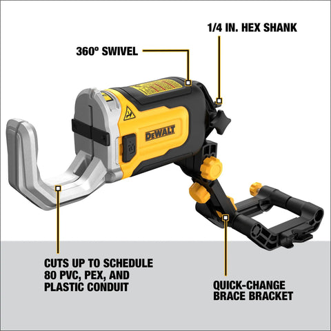 Impact Connect PVC And PEX Cutter with Quick Change Brace Bracket, showing 360° swivel design and 1/4 in. hex shank.