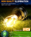 Close-up of glowing bulb with chart showing 12+ hours usage from Metal Outdoor Solar Lanterns 2 Pack Waterproof Hanging Lights.