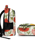 Side and bottom view of Vibrant Watercolor Poppies Backpack in red pink and yellow for unisex use with large capacity daypack.
