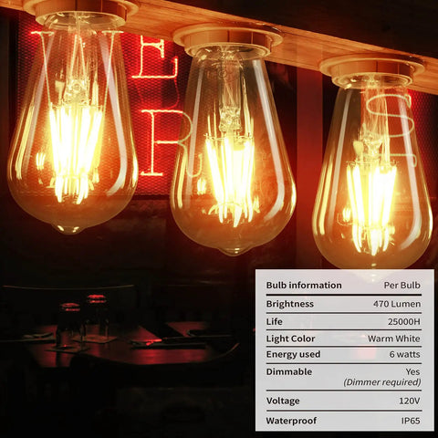 Illuminated Six Pack Vintage Style LED Edison Light Bulbs, 6W Realistic Filament, 60W Equivalent, in a rustic setting