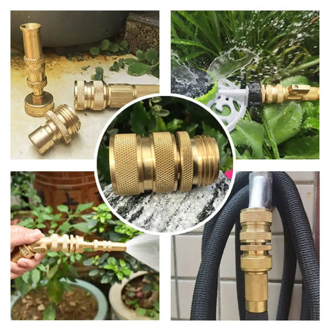 Collage of Brass 4-Piece Quick Connect Garden Hose Fittings, 2 Sets, showing various uses and connections in garden settings.