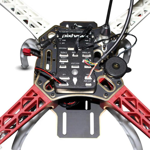 Top view of PX4 Flight Controller Kit with 2.4.8 core, GPS NEO M8N, and telemetry modules on a quadcopter frame.