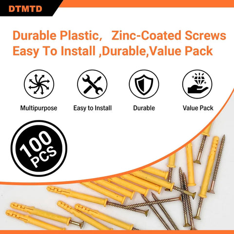 100 Piece M6x60 Plastic Wall Anchors And Screws Kit with yellow expansion anchors, multipurpose, easy install, durable