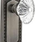 Egg And Dart Door Plate Set With Oval Fluted Lead Crystal Knob, Privacy Lock, 2 3/4 Inch Backset, Antique Pewter Finish
