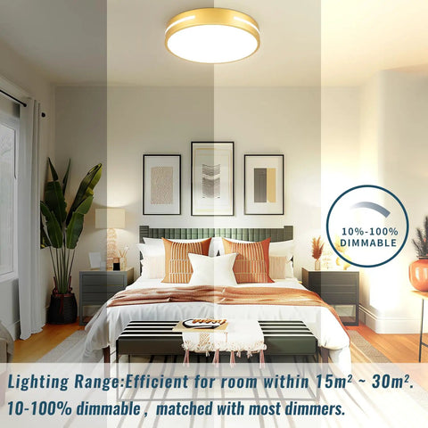 Close To Ceiling LED Flush Mount Light 12 Inch 24W With 5 CCTs in bedroom setting, overhead view.