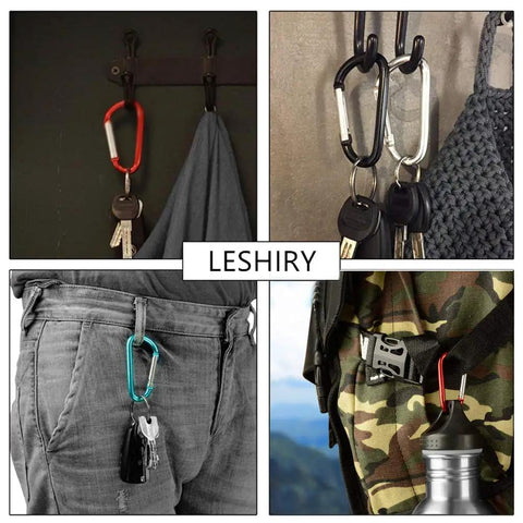 Collage of 3 Inch Aluminum Carabiner Keychain Set In Pink, used for keys, backpacks, and gear. Lightweight, D-shape, tough snap link clip.