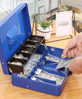 Premium Metal Cash Box With Tray And Killer Combination Lock, blue box with 4 bill slots and 5 coin slots on wooden table.