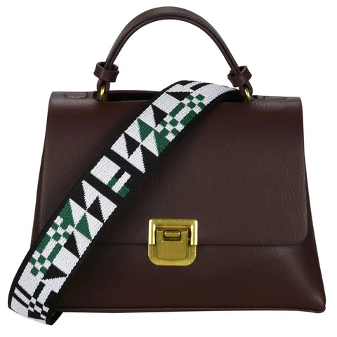 Slap This Wide Adjustable Jacquard Purse Strap On Any Bag For Major Crossbody Vibes And Watch It Slay With Premium Gold Hardware In Chic Triangular Green on a brown handbag.
