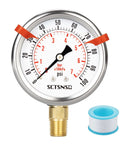 SCTSNSR 2.5-inch glycerin-filled pressure gauge with stainless steel case and 1/4" NPT lower mount, 0–100 psi