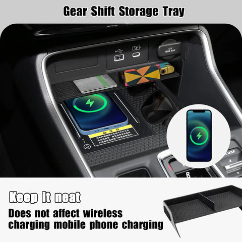 Close-up of Two Pack Center Console Organizer Tray And Armrest Storage Box For Honda CRV 2023 2024 2025 2026 EX L Hybrid Sport Touring, showing wireless charging compatibility.