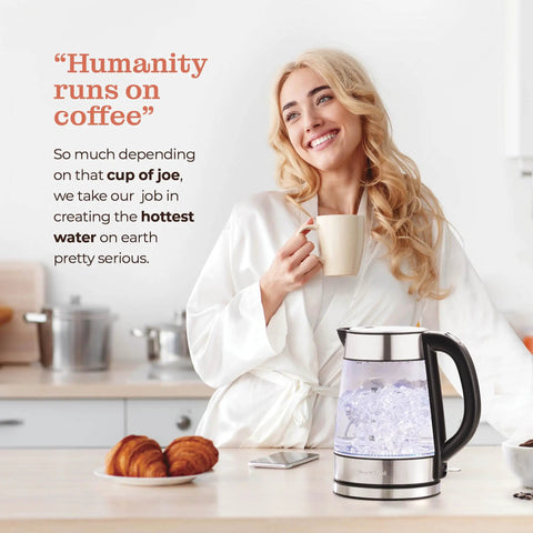 Woman in kitchen with Fast Boil Electric Kettle For Coffee And Tea 1.7L Water Boiler 1500W Borosilicate Glass Easy Clean