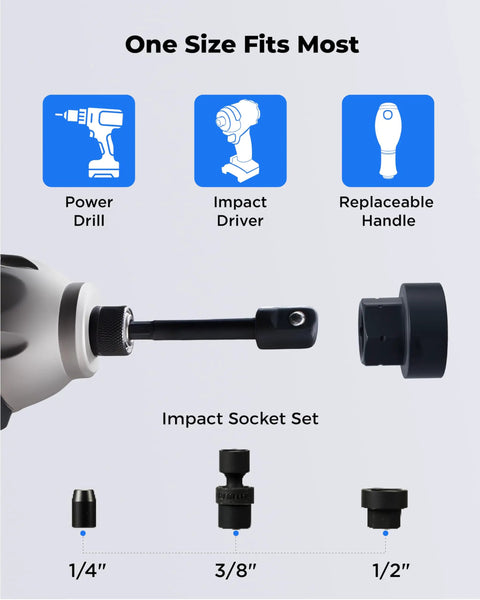 Impact Socket Adapter Set Three Piece For One Quarter, Three Eighths, And One Half Inch Drives Hex Shank Drill Bit Adapters